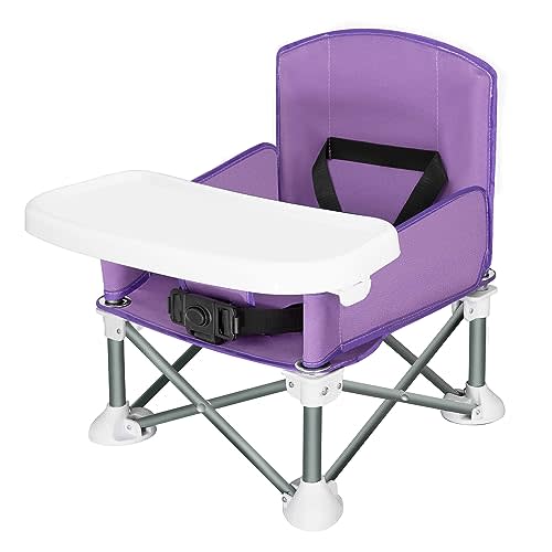 Agudan Baby Travel Booster Seat - Toddler Foldable Camping Chair | Compact Portable Baby Seat with Removable Dining Tray for Boys Girls (Purple)