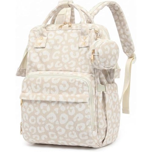 Baby Diaper Bag Backpacks for Mom Dad, Corduroy Large Capacity Multifunction Nappy Bag with Pacifier Case, Baby Travel Essentials Diaper Backpack for Boys Girls - Leopard Khaki