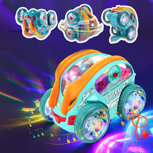 Light Up Transparent Sensory Car Toy - 360 Standing Rotation Roll Stunt Car, Bump and Go Toy Cars with Colorful Moving Gears & Music, Educational Toys for Toddlers, Best Gifts for Kids 1-4 Years