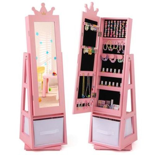 Costway Kids Jewelry Cabinet with Full-Length Mirror Foldable Drawer Anti-toppling System White/Pink