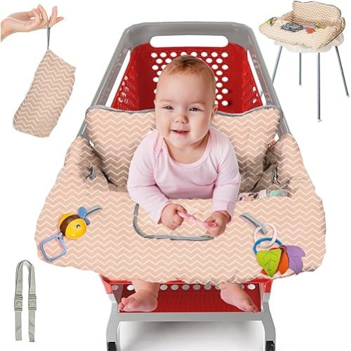 PILLANI Shopping Cart Seat for Baby, High Chair Cover for Restaurant Seat - Grocery Cart Cover for Baby Girl and Boy, Comfortable Cotton Buggy Covers for Babies - Padded Baby Shopping Cart Seat -Beige