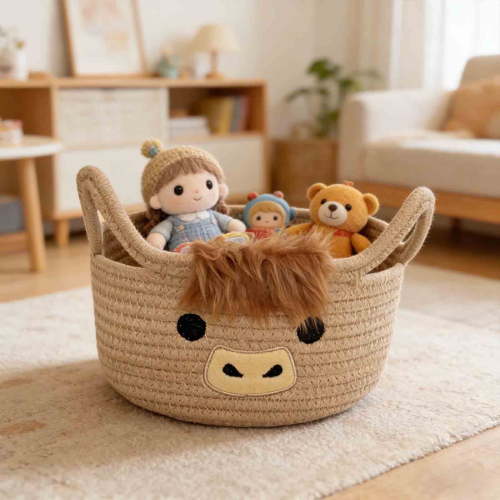 Highland Cute Cow Basket, Small Shower Gift Basket, Round Woven Rope Cotton Storage, Blanket 0rganizer with Ears Handles, Blanket Towel Decor Storage Bins, 8.6"D x 6.6"H in(Khaki)