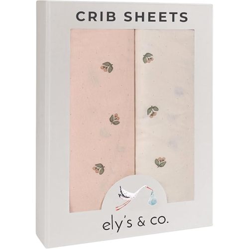 Ely’s & Co. Crib Sheets, Baby Girl Fitted Crib Mattress Sheet Set, 2 Pack, 100% Jersey Knit Cotton, Infant and Toddler Nursery Bedding, Pink Vintage Print, 28” x 52”
