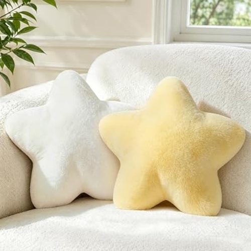 2PCS Star Pillow Set, 15.35" Cute Yellow White Decorative Star Shaped Throw Pillows for Bed Couch, Aesthetic Soft Faux Plush Pillow Cushion for Room Bedroom Decor Sofa Chair (Yellow&White)