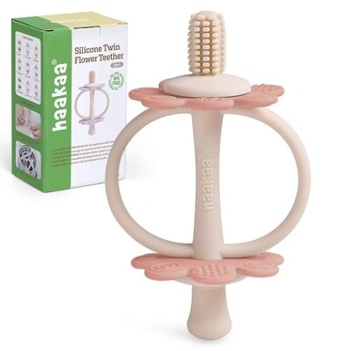 haakaa Silicone Twin Flower Teether,Nipple-Shaped End for Gum Massage,360° Baby Toothbrush Head for Self-Brushing Training,Easy to Grip - Soft Pink