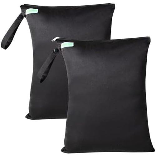 wegreeco Wet Dry Bag for Baby Swimsuit, Small Wet Dry Bag for Clothes Diaper and Breast Pump Parts, Large Baby bag for Travel,Gym Clothes,Beach,Pool,Extra Clothes (Black,2 Pack)