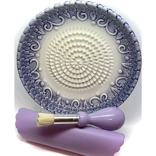 BonCera, All-in-one Premium Ceramic Garlic Grater Plate 4-Piece Set - Purple Embossed Design and Style - For Garlic, Ginger, Chocolate, and more! - Comes with 5.25" Plate, Peeler, Brush, and Stand