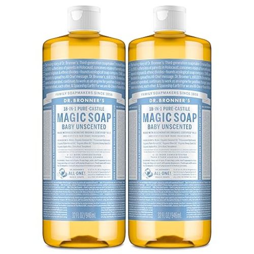 Dr. Bronner's Magic Soap-Pure-Castile Liquid Soap (Baby Unscented, 32 ounce, 2-Pack)-Regenerative Organic Certified Oils, 18-in-1 Uses: Body, Laundry & Dishes, For Sensitive Skin, No Fragrance