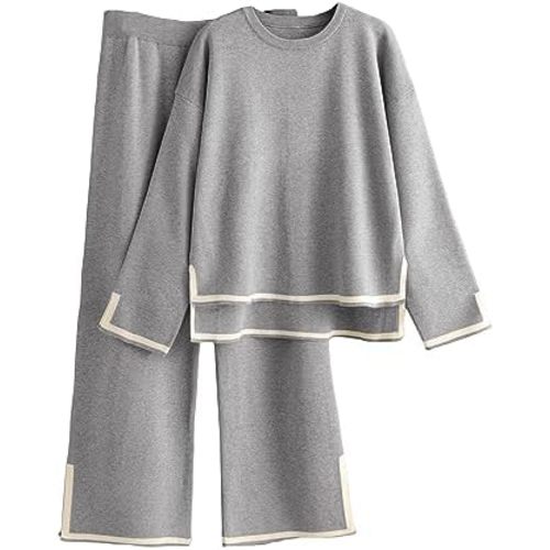 Tanming Women's 2 Piece Outfits Long Sleeve Knit Sweater Top Wide Leg Pants Lounge Sets Tracksuits