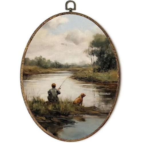 OINDADE Vintage Boy Nursery Fishing Oval Wall Art Decor, Boys Room Wall Art Hanging Decor, Peaceful Lake Boy and Dog Framed Canvas Artwork for Boys Nursery Living Room, 8.8x11.5in