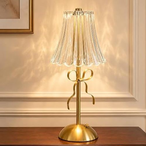 Crystal Bow Table Lamp,Gold Rechargeable Desk Lamp,Cordless Flower Lamp with Acrylic LampShade,3 Color Dimmable LED Night Light,Vintage Ambient Lighting for Bedroom Living Room Kitchen Decor