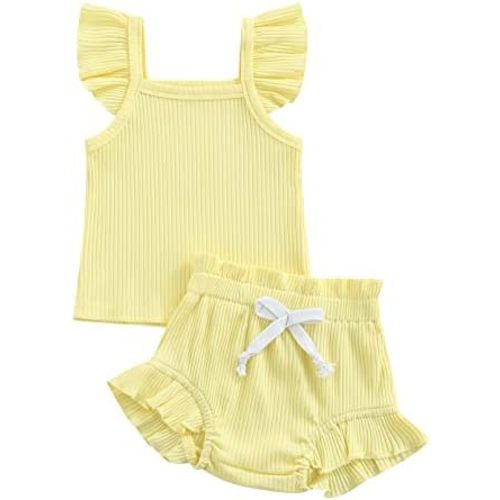 Toddler Baby Girl Summer Short Clothes Ribbed Ruffle Sleeve Tops+Elastic Drawstring Short Pants Two Piece Solid Outfit Set