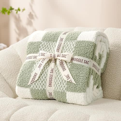 Snuggle Sac Checkered Blanket, Sage Green Throw Blanket for Couch Plaid Microfiber Fluffy Warm Cozy Fuzzy Soft Throw Blanket Reversible Checker Blankets for Sofa, Chair, Bed, 60x80 inches