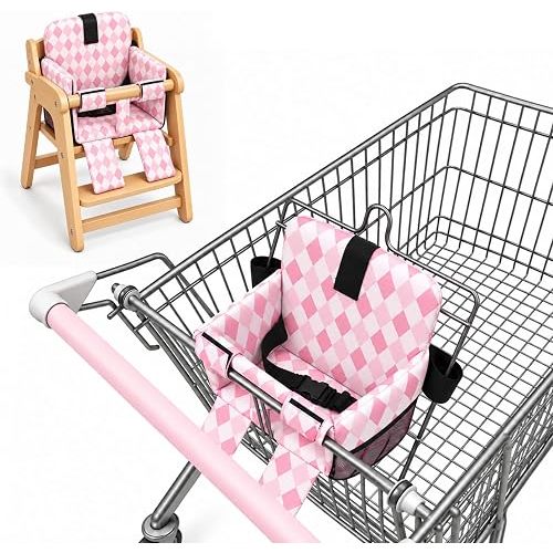 Portable Baby Shopping Cart Seat, High Chair Cover for Outdoor, One-Hand Installation Cart Seat Cover, Padded with Comfort Foam – Pink Rhombus