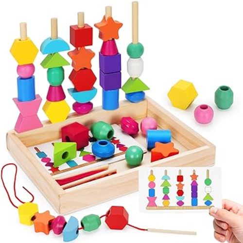 TooyBing Montessori Wooden Lacing Beads Toys for 3 4 Year Old Toddler Kids, Sequencing & Stacking Block Toy with Storage Box, STEM Preschool Learning Toys, Christmas Birthday Gifts for Boys Girls