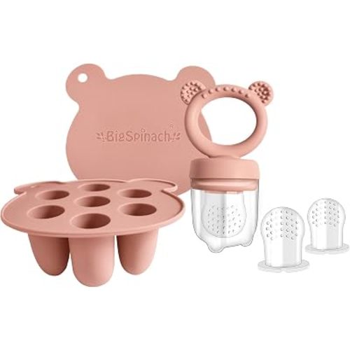 BigSpinach Silicone Baby Food Freezer Tray with Teething Popsicle Molds - Baby Fruit Feeder and Breastmilk Teether Combo