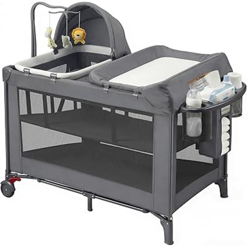 Pack and Play with Bassinet and Changing Table - Foldable Travel Crib, Portable 4 in 1 Baby Playpen for Babies and Toddlers, Bedside Sleeper with Bottom Storage, Grey