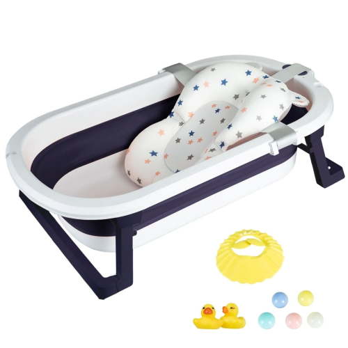 HENG Co. Folding Baby Bathtub, Infant Bath Tub with Anti Slip Pad, Boys, Blue w/Floating Pad