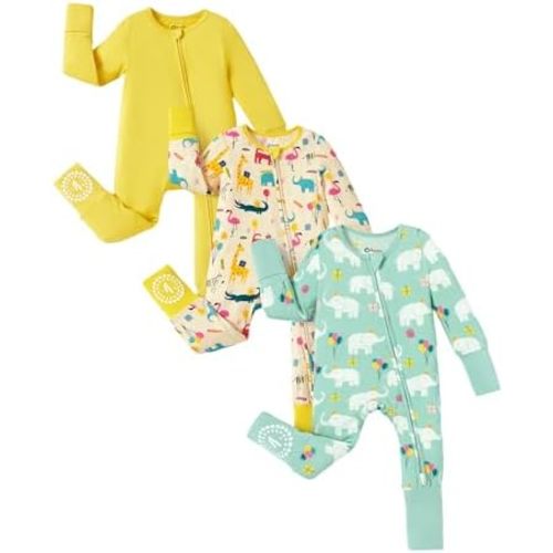 PATPAT Baby Footies Boys Girls - Bamboo Viscose - Zipper & Non-Slip Soles Romper Mitten - Footed & Footless Infant Clothes