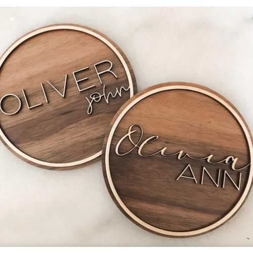 Wooden 3D Baby Name Sign | Small Round Birth Announcement Hospital Sign