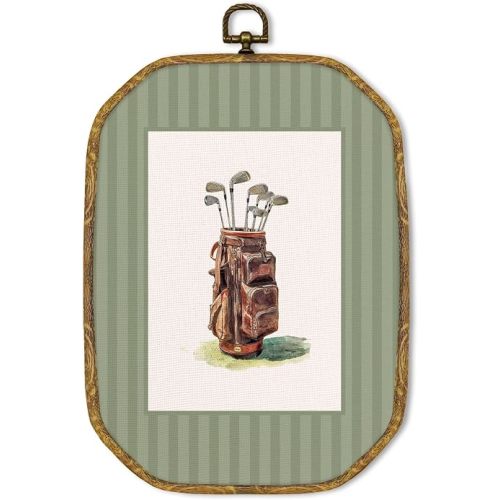 GUULIJEEMIY Vintage Sports Golf Nursery Canvas Wall Art Decor, Sports Mens Octagon Framed Wall Art Prints, Green Striped Golf Bag Hanging Decor for Home Boy Room Bedroom Playroom Sports Room, 10.2x7in