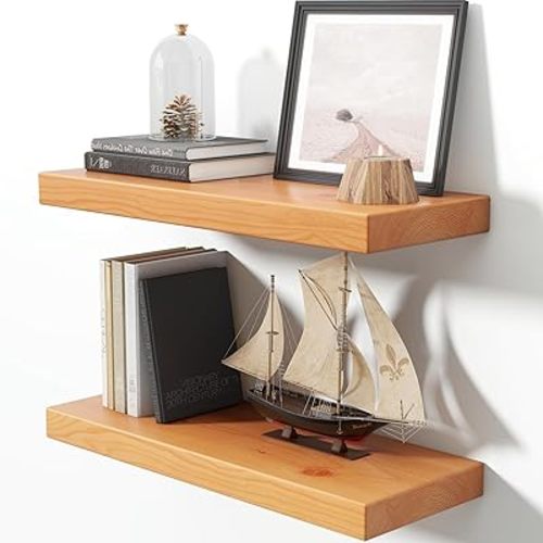 Axeman 24 Inch Floating Shelves for Wall, 9.3" Deep High End Solid Real Wood Wall Shelves with Heavy Duty Invisible Bracket for Living Room, Bedroom, Kitchen, Bathroom, Set of 2, Natural