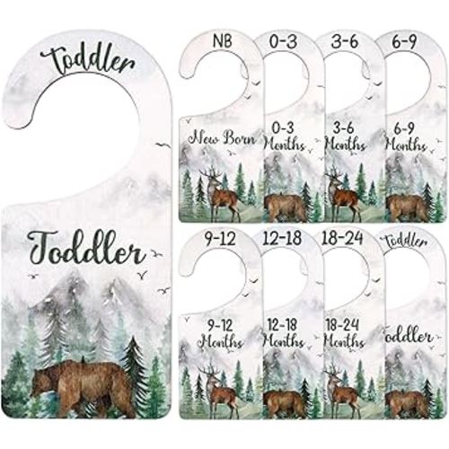 Baby Closet Dividers 8PCS, Mountain/Forest/Adventure Theme Wooden Double-Sided Clothes Size Hanger Organizer from Newborn to Toddler for Nursery Decor Baby Shower Birthday Gift