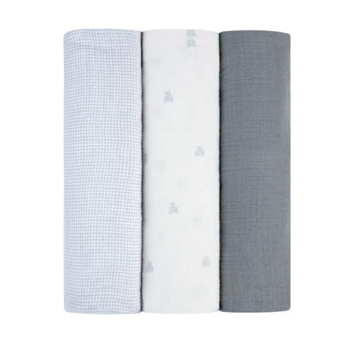 3 Pack Muslin Swaddles – Blue - Gingham Bear Collection – Ely's & Co.