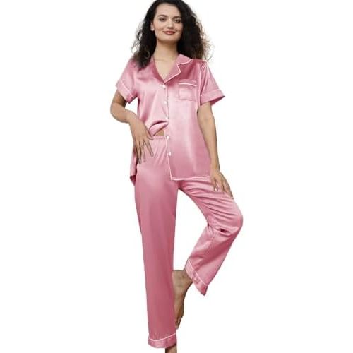 Womens Pajamas Set XS-3XL Floral Silk Satin Pajama Sets Silky Pj Sets 2Pcs Loungewear Sleepwear Button Down Pjs