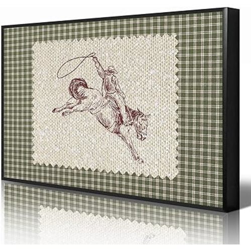 nghtuiyocw Western Cowboy Canvas Wall Art, Green Plaid Cowboy Rodeo Aesthetic Poster, Vintage Giddy Up Horse Print, Mid Century Southwestern Picture for Bedroom Living Room 12x16in Wrapped Canvas