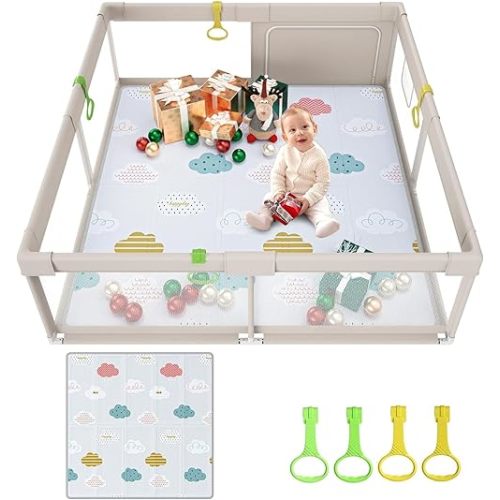 Fodoss Baby Playpen with Mat, 59x59in Playpen for Babies and Toddlers, Kids Play Pen, Extra Large Baby Fence for Infants with Playmates, Toddler Playard