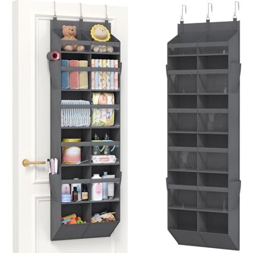 Lifewit 1 Pack Over the Door Organizer, 12 Section Clear Window Hanging Storage with 4 Side Pockets, Sturdy Anti Tilt 40 lbs Load Behind Door for Closet, Bedroom, Bathroom, Nursery, Dorm, Dark Gray