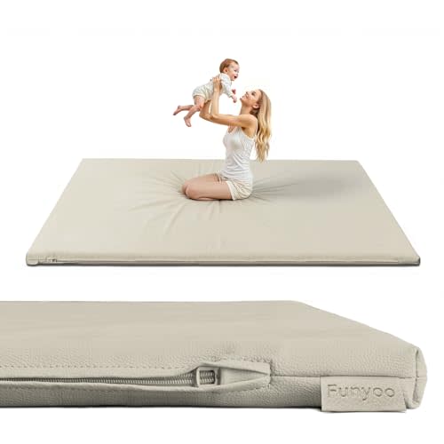 Funyoo Padded 71" ×59" Large Baby Play Mat for Floor, 1.2" Thick Memory Foam Playmat with Soft Vegan Leather Cover, Cushioned Play Mat for 71" x59" Playpens, Grey