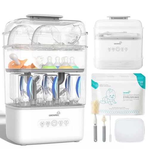 Grownsy 3 Layers-Large Bottle Sterilizer and Dryer, Holds 6 to10 Bottles, Nesting Design Bottle Sanitizer Esterilizador de Biberones for Breast Pump Sterilizer Bags Bottle Brush Included