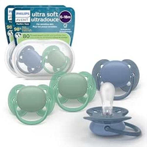 Philips Avent Ultra Soft Pacifiers - Orthodontic Design, for Babies 6-18 Months, Flexible Shield, Silicone Symmetrical Nipple, BPA-Free, 2 Sterilizing Cases, 4 Pack, SCF091/51