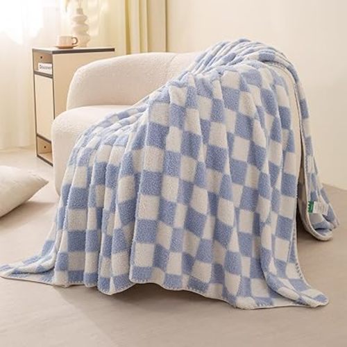Cozy Fleece Blanket Soft Warm Throw for Sofa Bed Couch All Season Use, Checkerboard-Sky Blue 50" x 60"