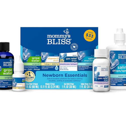 Mommy's Bliss 4-Piece Newborn and Baby Essentials Kit - With Gripe Water, Gas Relief Drops, Vitamin D 400IU, and Saline Drops/Spray - The Perfect Baby Gift.