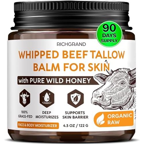 RICHGRAND Beef Tallow for Skin - Whipped Tallow and Honey Balm - Grass Fed Beef Tallow for Face, Daily Moisturizer & Body Butter - Natural Non Comedogenic Skincare