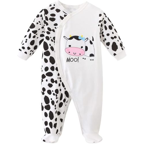 Babymine Unisex Baby Clothes White Onesie 0-3 Months Infant Cow Suit for Boys and Girls Long Sleeve Cotton Neutral Baby Jumpsuit White Cow Outfit