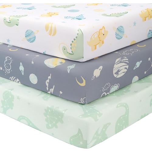 Baby Crib Sheets for Boys and Girls, 3 Pack Toddler Bed Sheets for 52”x28” Standard Toddler Mattresses, Soft Microfiber Fitted Crib Sheets Neutral Green Dinosaur Planet