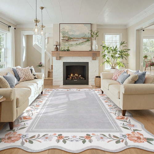 Lahome 8'x10' Boho Floral Scalloped Area Rug,Machine Washable, Non-Slip Low-Pile Vintage Distressed Design for Living Room, Bedroom, Dining Room Office