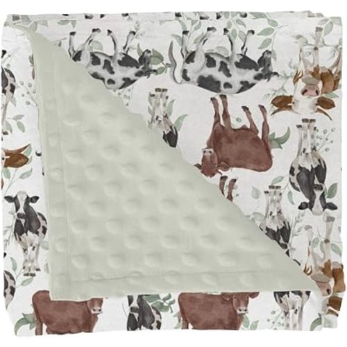 Watercolor Cows Green Leaves Baby Blankets for Girl Boy Cow Yak Cattle Farm Animal Soft Mink Dotted Backing Double Layer Swaddle Blanket Farmhouse Farmyard Bed Throws for Infant Toddler Nursery 30x40
