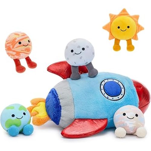 13.8 Inch Rocket Planet Playset with Storage, Educational Rocket Toy Set with Planets Stuffed, Learning Solar System Gift for Kids