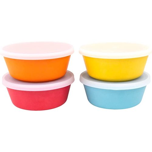 WeeSprout Bamboo Kids Bowls with Lids, Set of Four 10 oz Kid-Sized Dinnerware, Cereal, Leftovers & Snack Bowl, Dishwasher Safe (Blue, Yellow, Orange, & Red)
