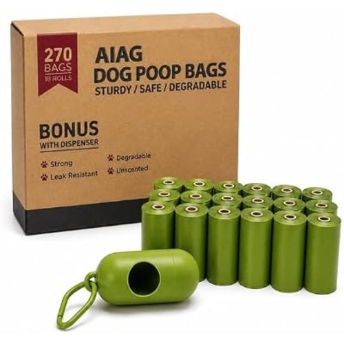 Dog Poop Bags Rolls with 1 Dispenser 270 Count (18 Rolls, 15 Bags per Roll), Leakproof, Unscented, Includes Leash Clip, Thick Strong, 8.5"W x 11.5"L