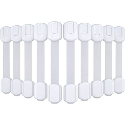 4our Kiddies 10 Pack Baby Proof Cabinet Locks, Child Safety Drawer Locks with 6 Extra 3M Adhesives, Childproof Cabinet Strap Locks for Drawers, Cupboards, Refrigerators, Adjustable No Drilling