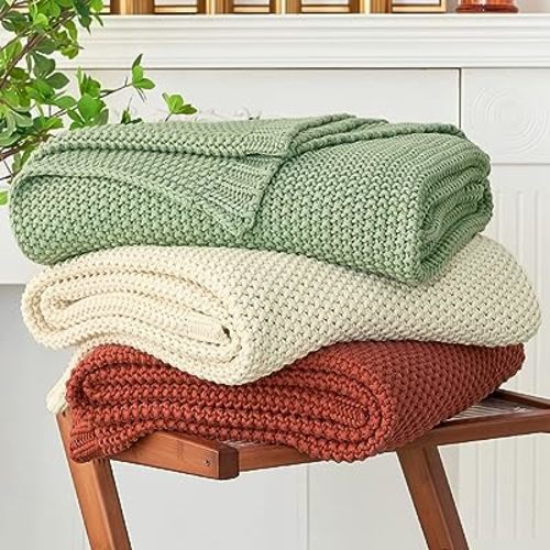 Chunky Cable Knit Throw Blanket Lightweight Light Green 100% Organic Cotton Blanket for Sofa Couch Bed Baby Nursery, Rustic Shabby Chic Modern Farmhouse, 51” x 63” Bonus Laundering Bag