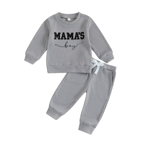 Toddler Baby Boy Clothes Mamas Boy Embroidered Striped Long Sleeve Sweatshirt Pants Set 2 Pcs Fall Winter Outfits