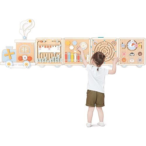 Train Activity Wall Busy Board, Wooden Montessori Sensory Toys, 12-in-1 Learning Activity Center for Playroom,Daycare, Nursery, Classroom, Educational Toys for Toddler