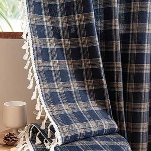 Plaid Curtains 63 Inch Length 2 Panels, Farmhouse Window Curtains Light Filtering with Tassel Trim, Rustic Tartan Drapes for Living Room Bedroom, Blue